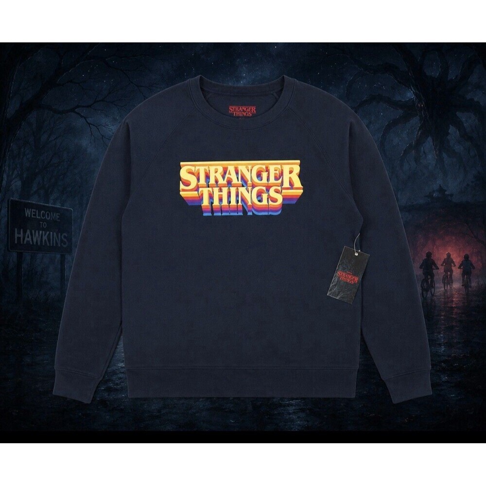 Stranger Things Netflix Sweatshirt XL Navy Graphic Crew Neck NWT Retro 80s